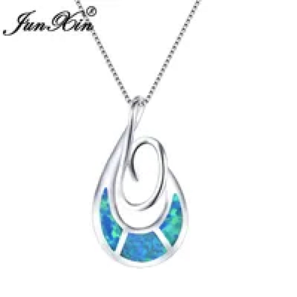 Sterling Silver Polished Blue Simulated Opal Pendant Necklace