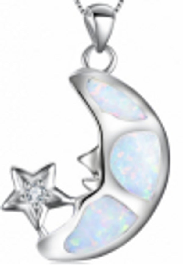 Sterling Silver White Simulated Opal Star Pendant Necklace