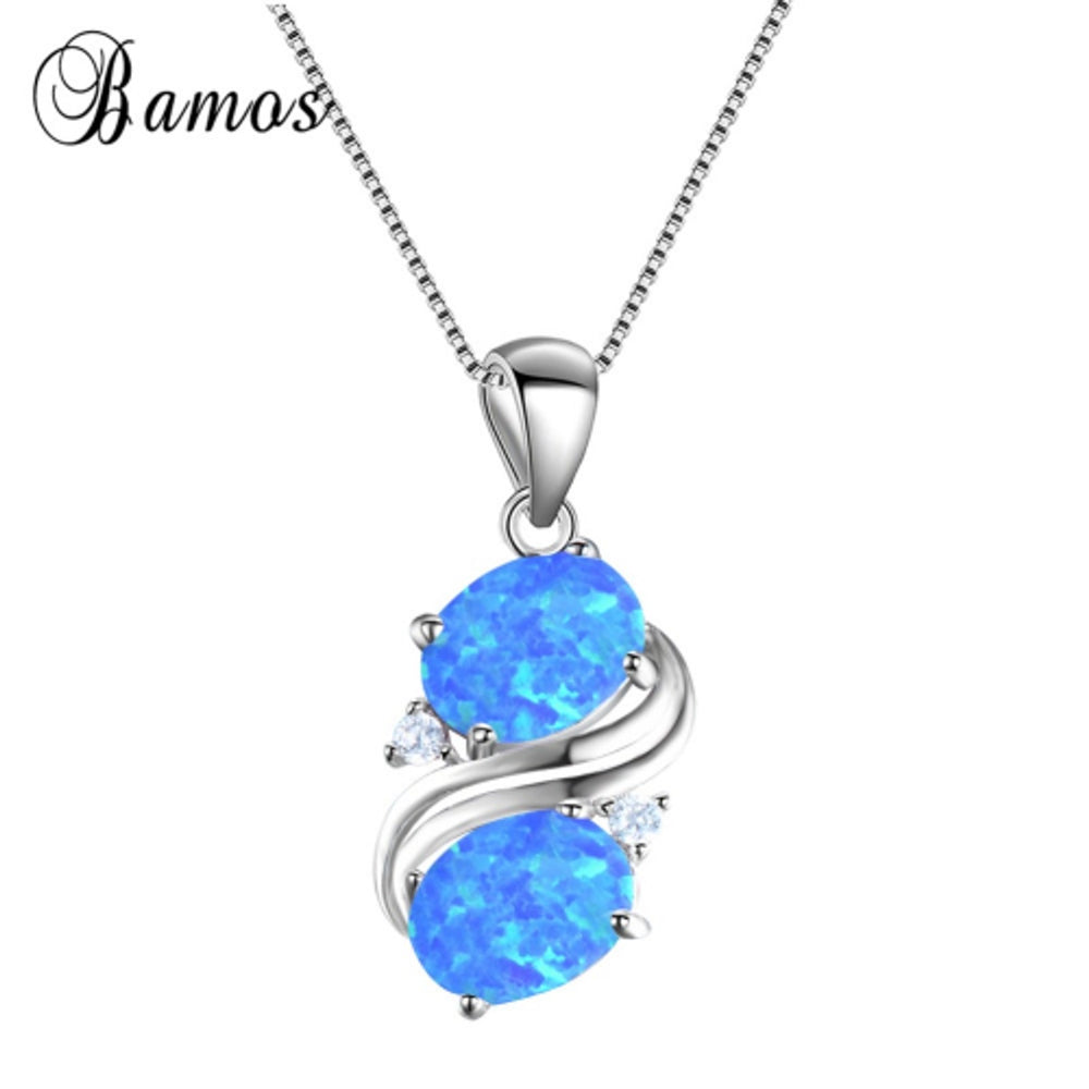 Sterling Silver Blue Oval Simulated Opal Pendant Necklace
