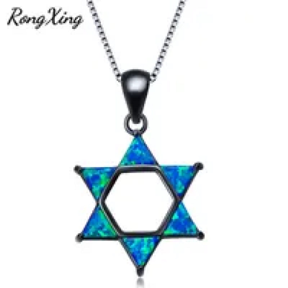Black Gold-Tone Blue Hexagon Simulated Opal Six-Point Star Pendant Necklace