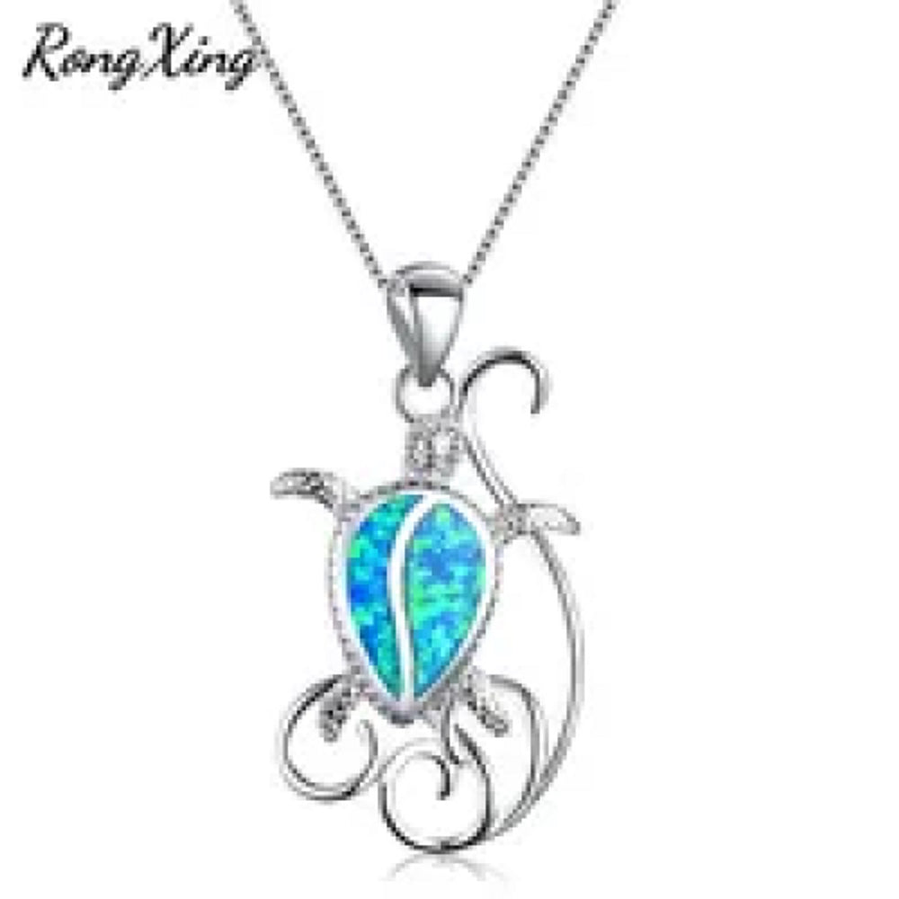 Sterling Silver Blue Simulated Opal Patterned Pendant Necklace
