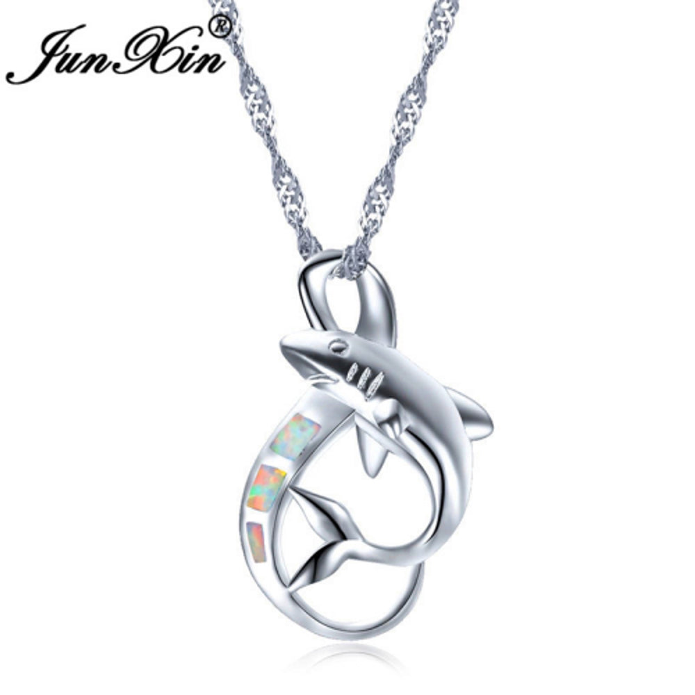 Sterling Silver Polished White Simulated Opal Fish Pendant Necklace