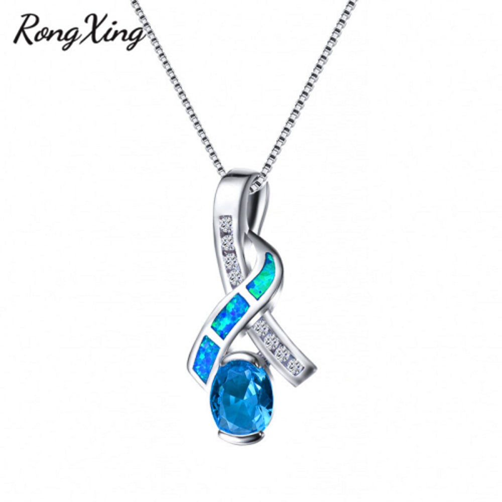 Sterling Silver Blue Oval Simulated Opal Pendant Necklace