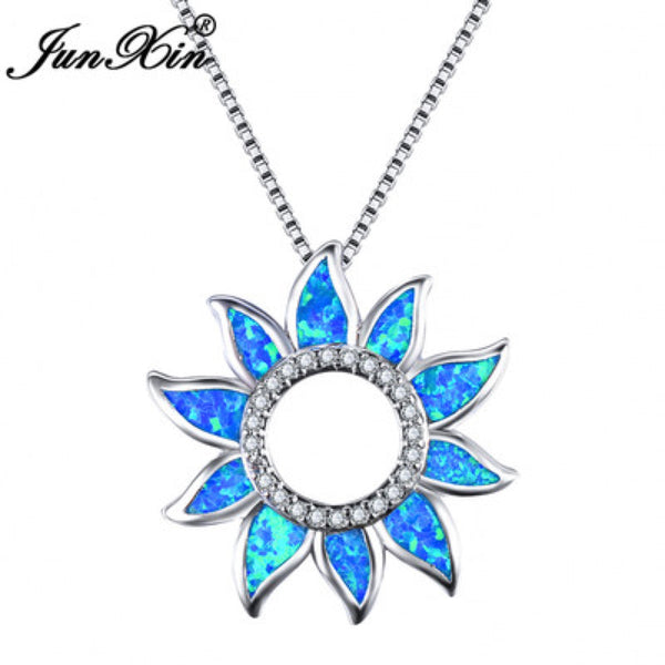 Silver-Tone Blue Simulated Opal Petal Sunflower Crystal Pendant Necklace