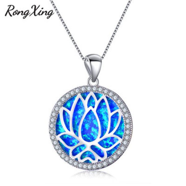 Sterling Silver Blue Simulated Opal Lotus Crystal Halo Necklace