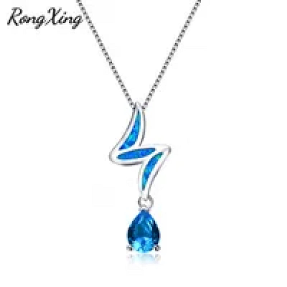 Sterling Silver Blue Teardrop Simulated Opal Lightning Bolt Pendant Necklace