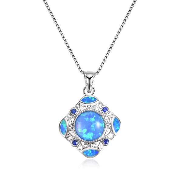 Silver-Tone Blue Simulated Opal Openwork Square Filigree Pendant Necklace