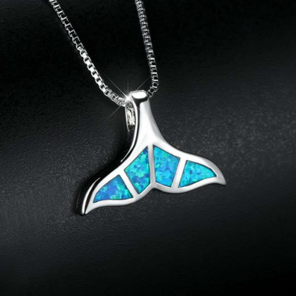 Sterling Silver Blue Simulated Opal Fishtail Pendant Necklace