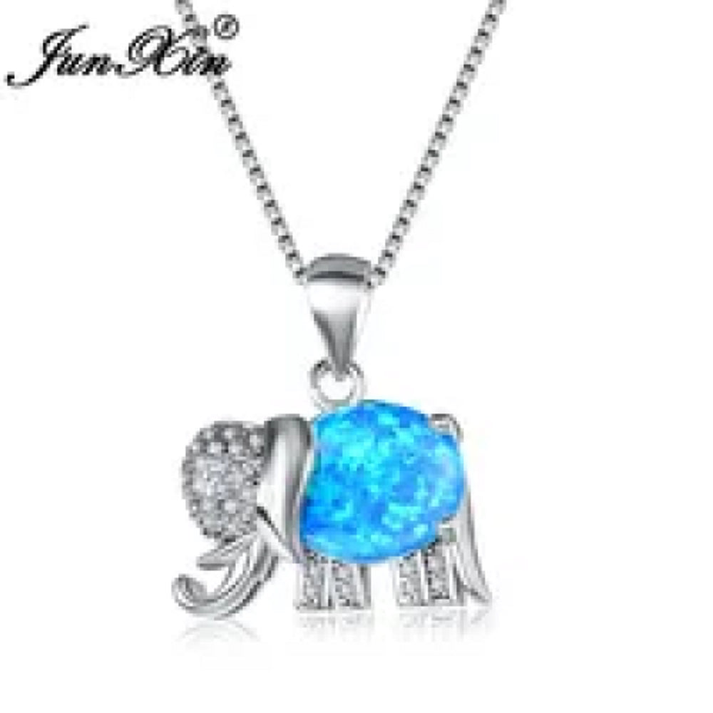 Sterling Silver Blue Simulated Opal Elephant Pendant Necklace