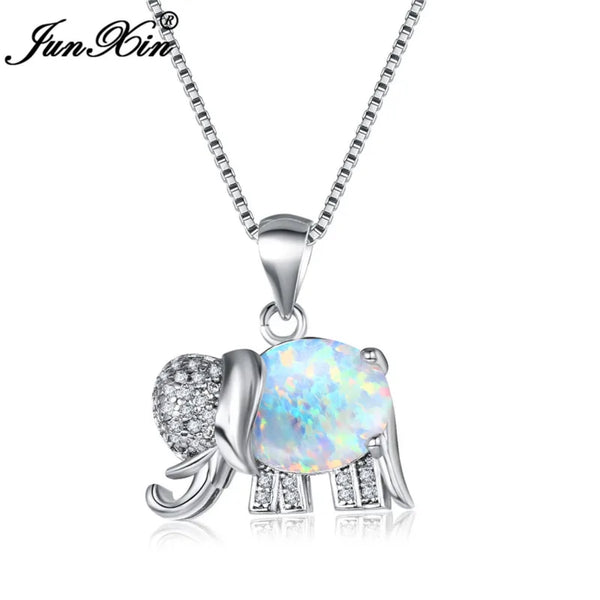 Sterling Silver White Simulated Opal Elephant Pendant Necklace