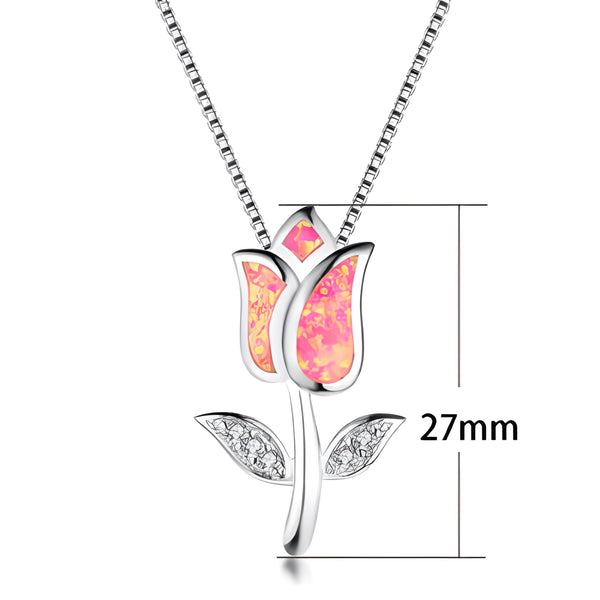 Silver-Tone Pink Simulated Opal Tulip Flower Pendant Necklace