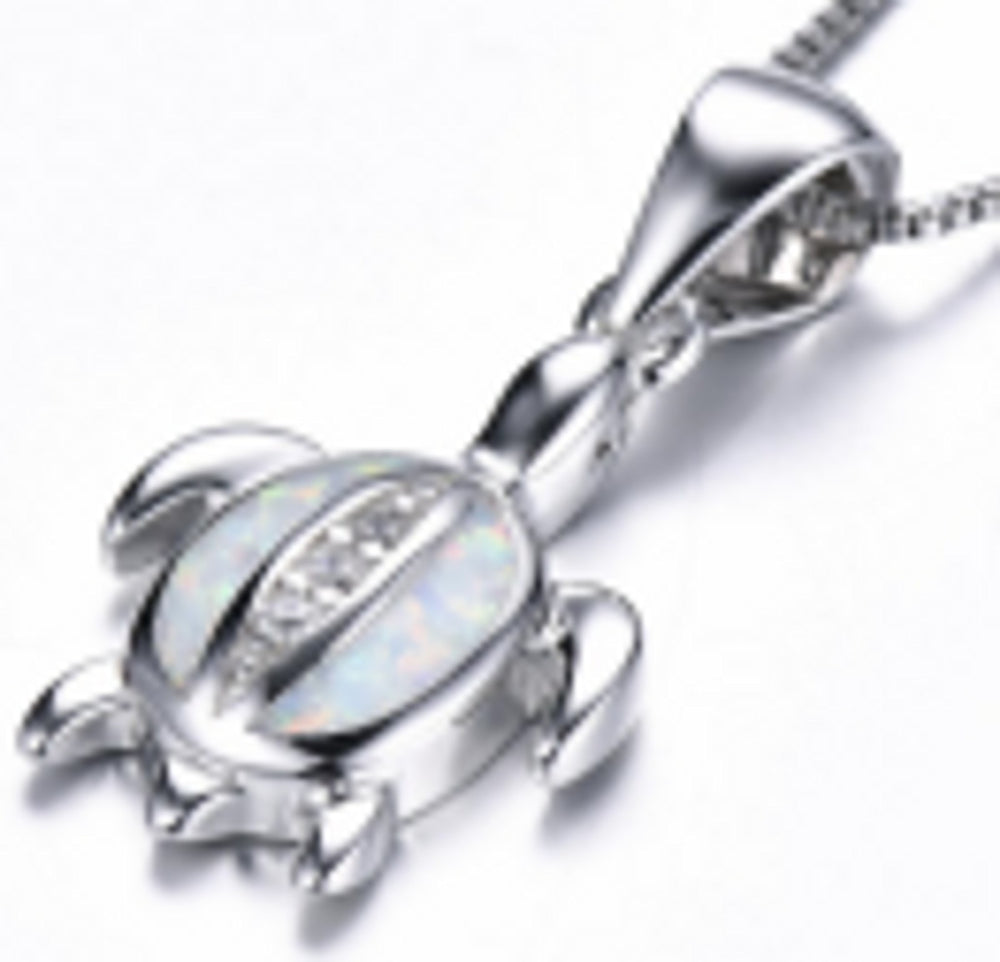 Sterling Silver White Simulated Opal Turtle Necklace