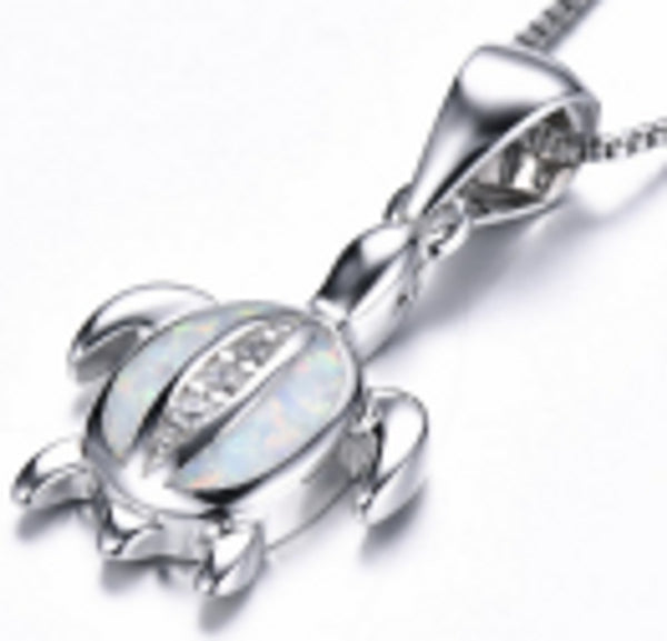 Sterling Silver White Simulated Opal Turtle Necklace