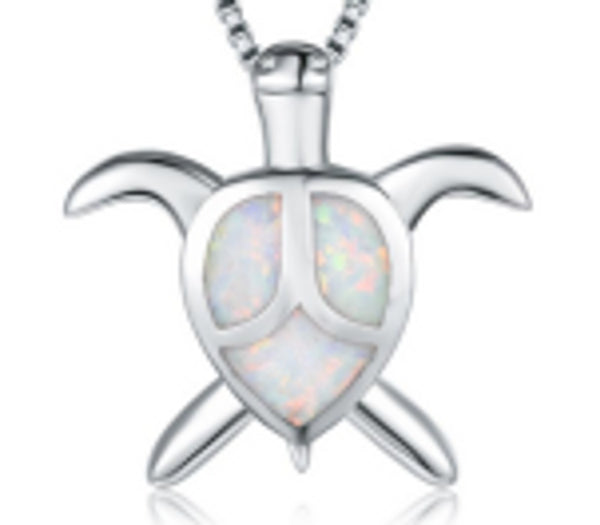 Sterling Silver White Simulated Opal Turtle Necklace