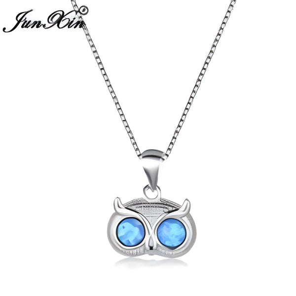 Silver-Tone Blue Simulated Opal Owl Face Pendant Necklace