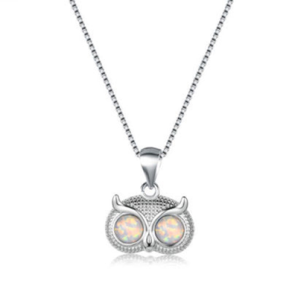 Silver-Tone White Simulated Opal Owl Face Pendant Necklace