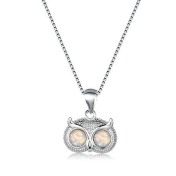 Silver-Tone White Simulated Opal Owl Face Pendant Necklace