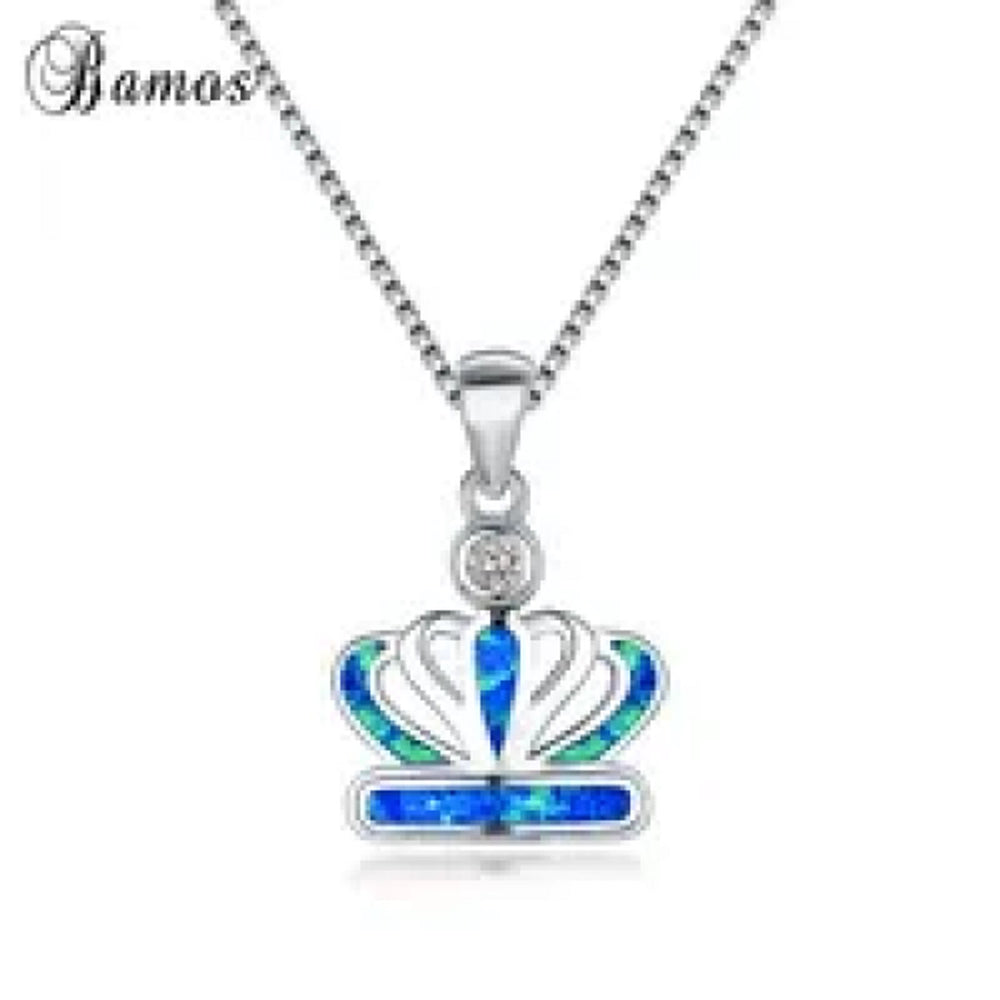 Sterling Silver Blue Simulated Opal Crown Necklace