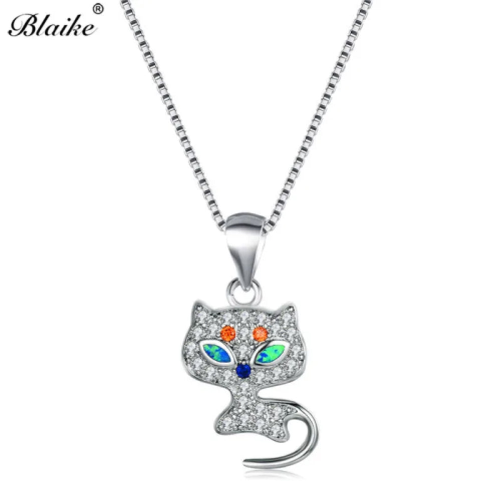Silver-Tone Crystal Pave Simulated Opal Eye Cat Pendant Necklace