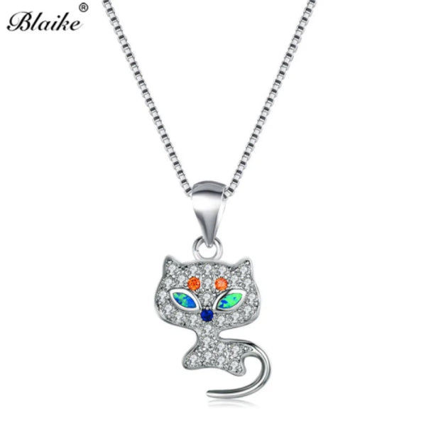 Silver-Tone Crystal Pave Simulated Opal Eye Cat Pendant Necklace
