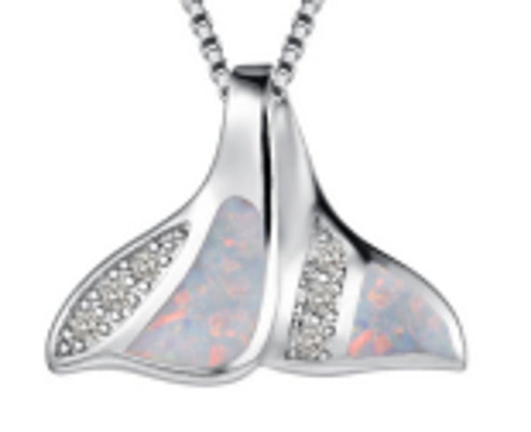 Sterling Silver White Simulated Opal Fishtail Necklace