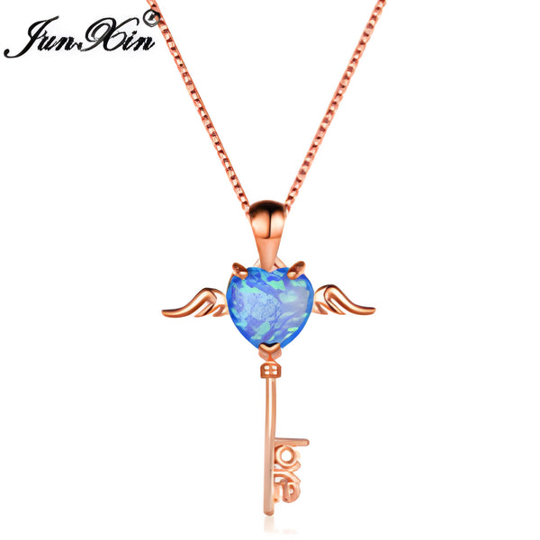 Rose Gold-Tone Blue Simulated Opal Winged Heart Love Key Necklace