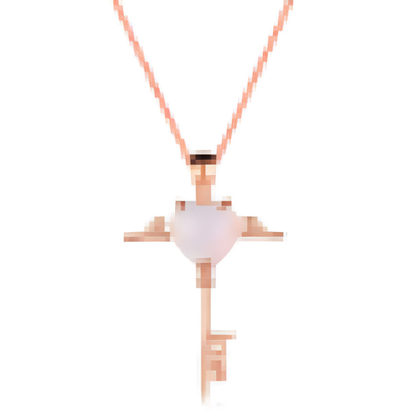 Rose Gold-Tone White Simulated Opal Heart Love Key Pendant Necklace