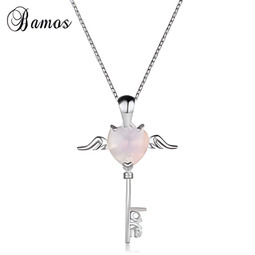 Sterling Silver White Simulated Opal Heart Winged Love Key Pendant Necklace