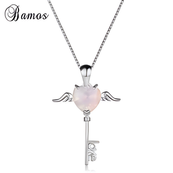 Sterling Silver White Simulated Opal Heart Winged Love Key Pendant Necklace