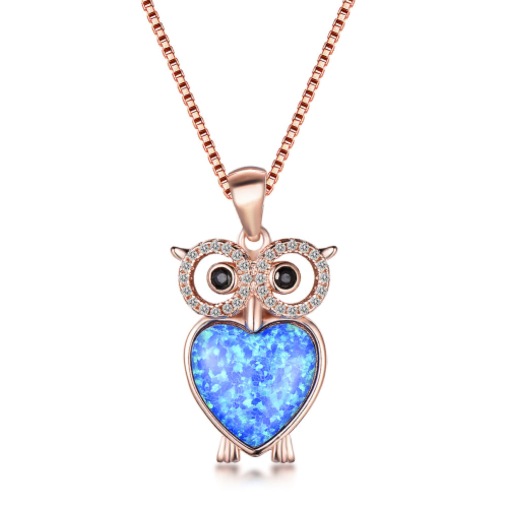 Rose Gold-Tone Blue Simulated Opal Heart Owl Pendant Necklace
