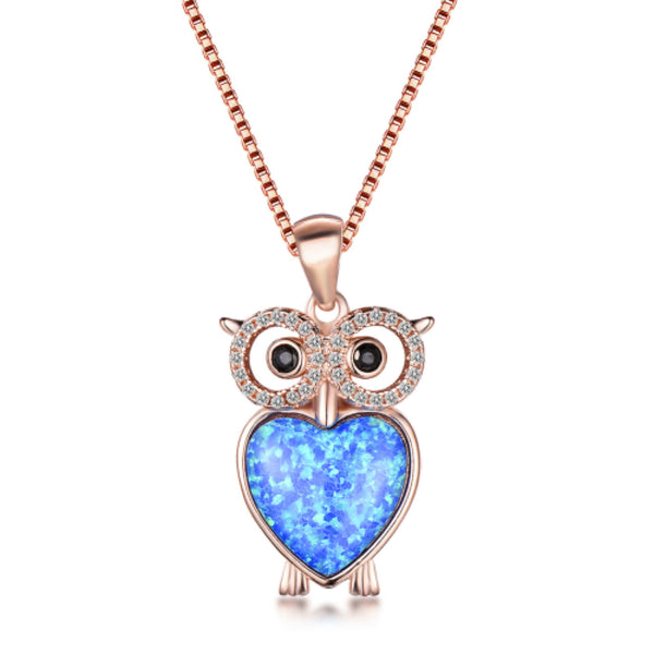 Rose Gold-Tone Blue Simulated Opal Heart Owl Pendant Necklace
