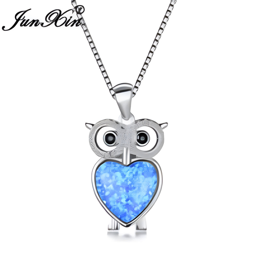 Silver-Tone Blue Simulated Opal Heart Belly Owl Pendant Necklace