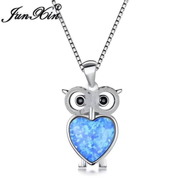Silver-Tone Blue Simulated Opal Heart Belly Owl Pendant Necklace