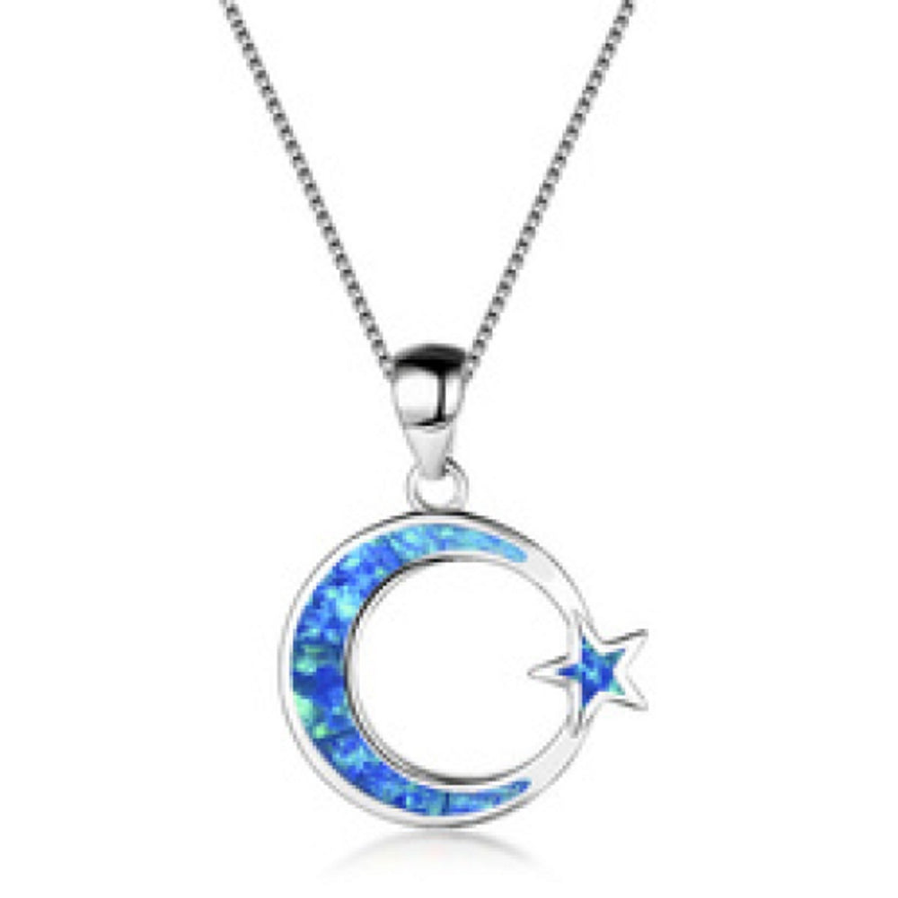 Sterling Silver Blue Simulated Opal Moon Necklace