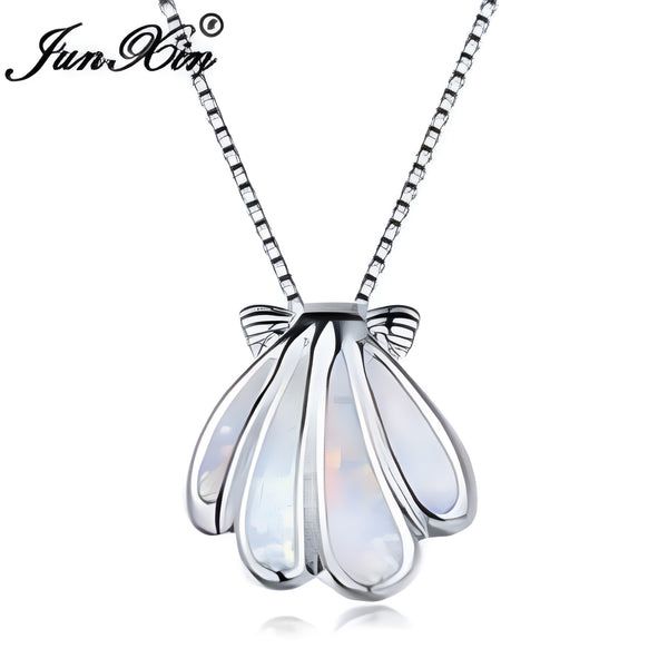 Sterling Silver White Simulated Opal Scallop Shell Pendant Necklace