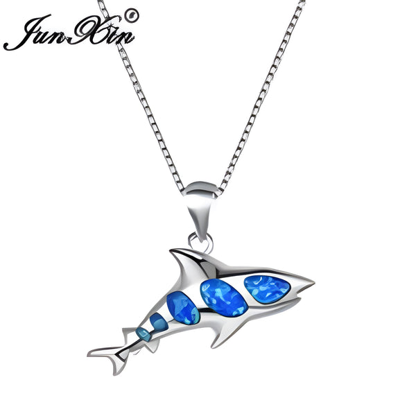 Silver-Tone Blue Simulated Opal Ocean Shark Pendant Necklace