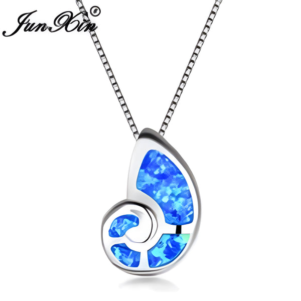 Silver-Tone Blue Simulated Opal Snail Shell Spiral Pendant Necklace