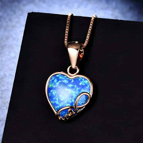 Rose Gold-Tone Blue Simulated Opal Heart Infinity Pendant Necklace