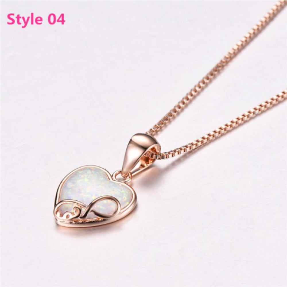 Rose Gold-Tone White Simulated Opal Heart Infinity Pendant Necklace