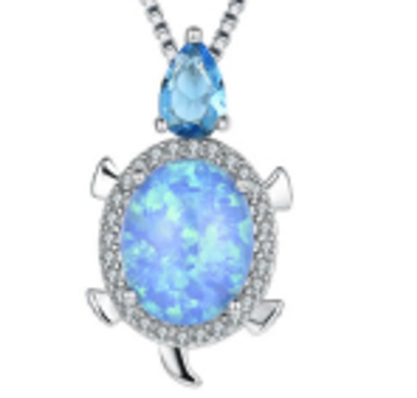 Sterling Silver Blue Simulated Opal Turtle Necklace