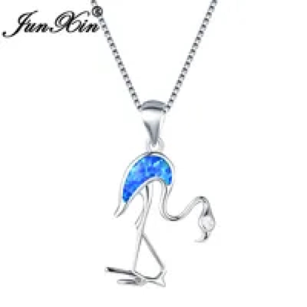 Silver-Tone Blue Simulated Opal Flamingo Bird Pendant Necklace
