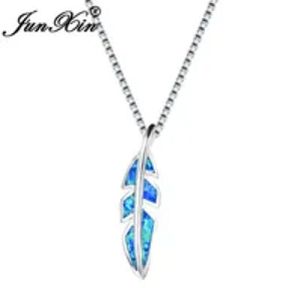 Sterling Silver Blue Simulated Opal Leaf Necklace