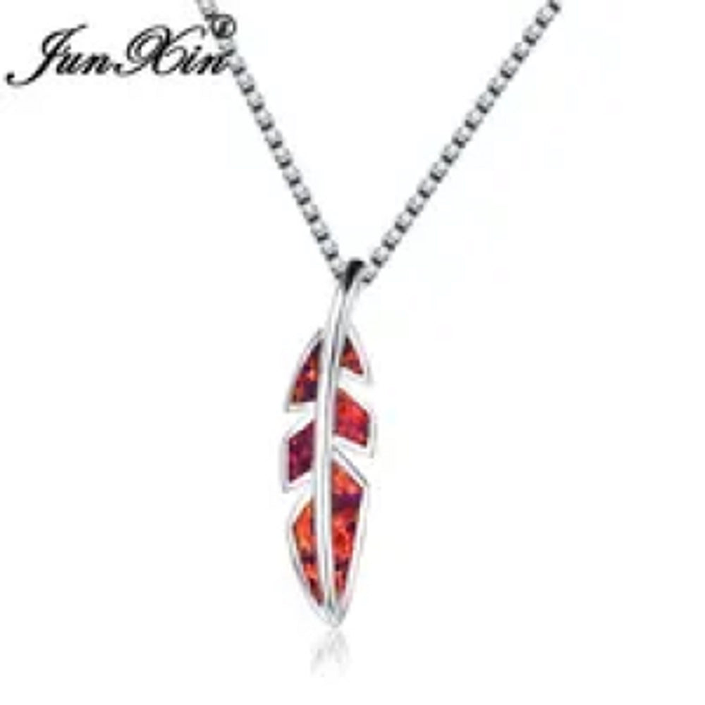 Sterling Silver Red Simulated Opal Leaf Necklace