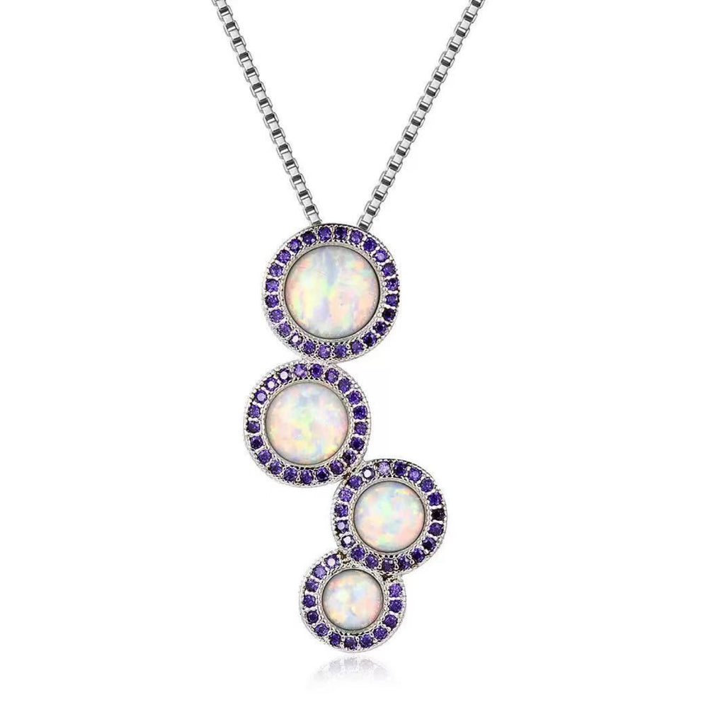 Silver-Tone Four Round White Simulated Opal Purple Crystal Halo Pendant Necklace