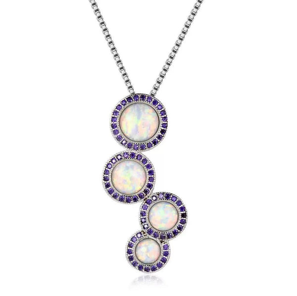 Silver-Tone Four Round White Simulated Opal Purple Crystal Halo Pendant Necklace