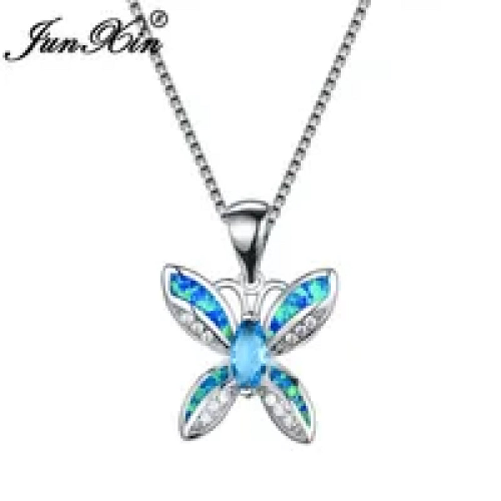 Sterling Silver Blue Simulated Opal Butterfly Necklace