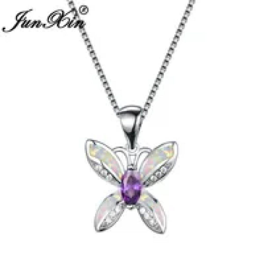 Sterling Silver White Simulated Opal Butterfly Necklace