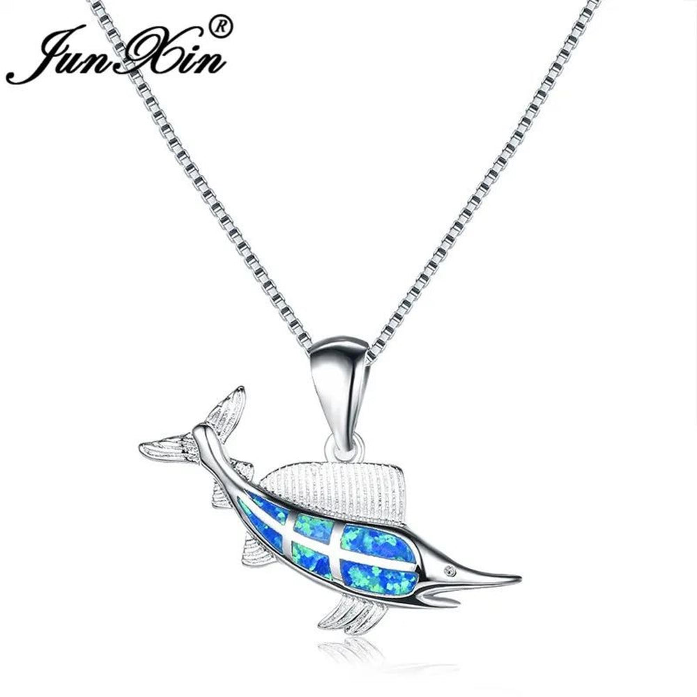 Sterling Silver Blue Simulated Opal Fish Necklace