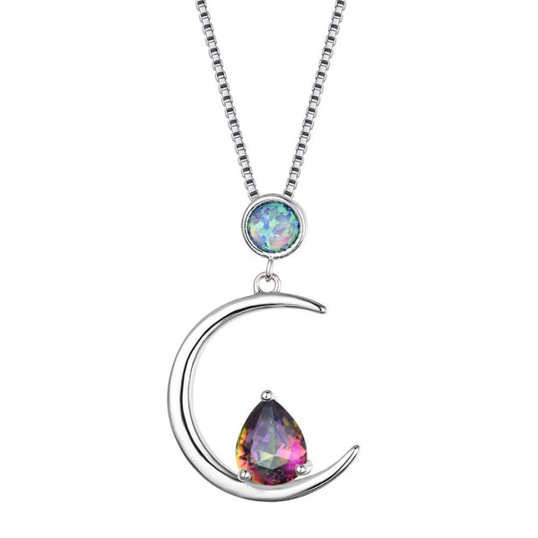Sterling Silver Blue Simulated Opal & Rainbow Crystal Crescent Moon Necklace