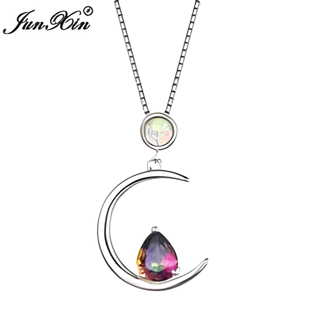 Sterling Silver White Simulated Opal & Rainbow Crystal Crescent Moon Necklace